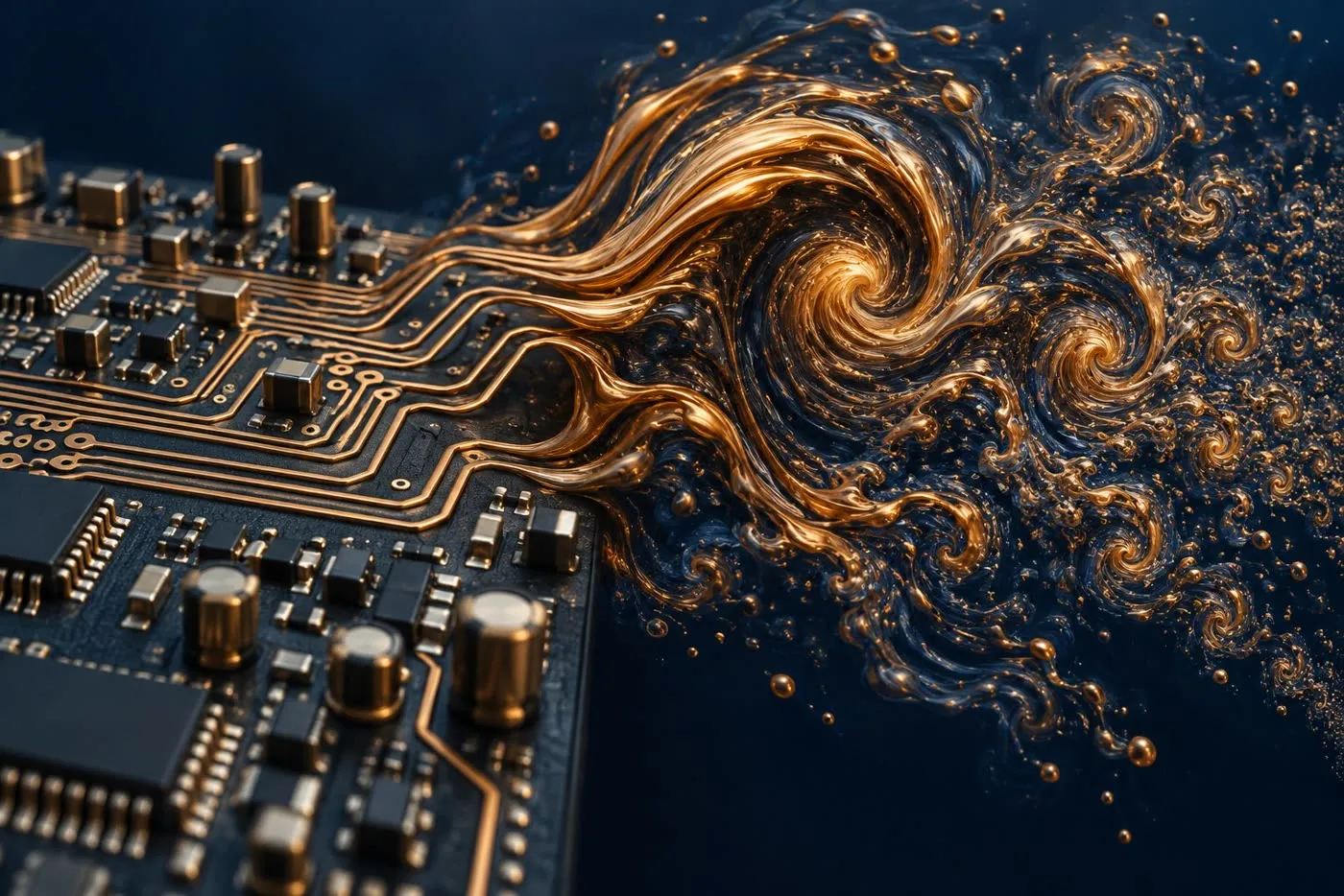 Illustration: circuit traces dissolving into a swirling golden fluid.